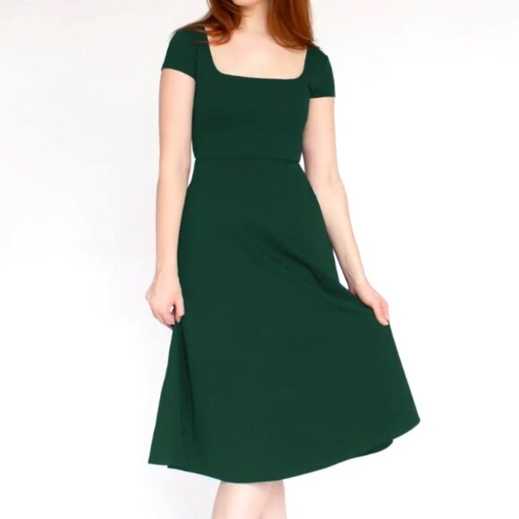 Cobalt Street BCI Cotton Square Neck A-Line Mid-Calf Dress -- Dark Green - Picture 1 of 8
